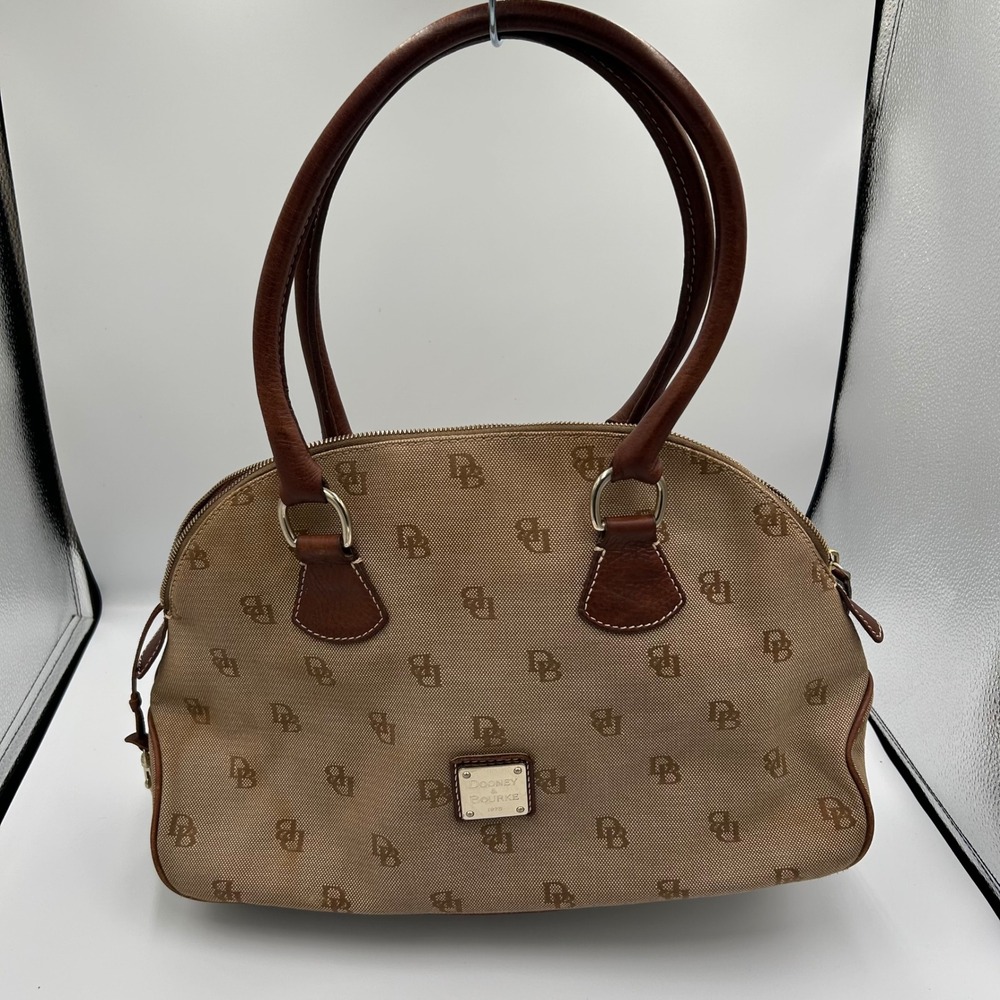 Dooney & Bourke Satchel Women Medium Tan Monogram Canvas Leather Trim Dome Bag